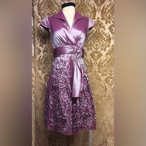 Adrianna Papell Mauve / Purple  Taffeta Dress with Floral Ribbon Embellishments